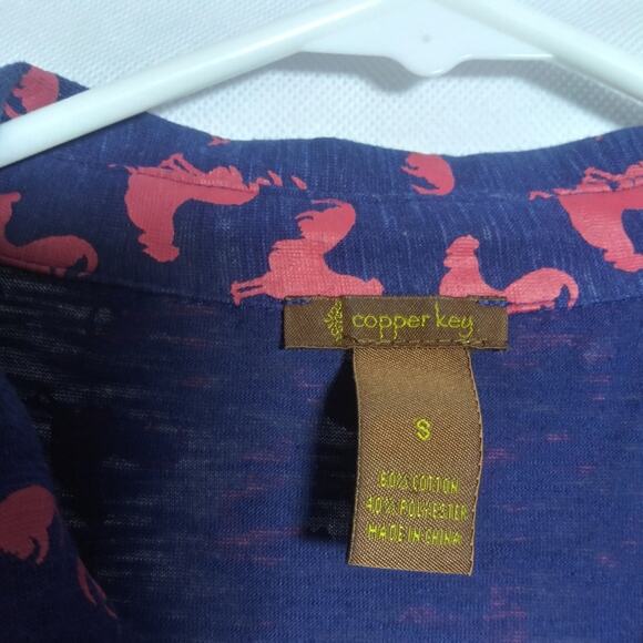 Copper Key Navy Blue Red Rooster Novelty Knit Button Blouse  3/4 Sleeve Size S - Picture 5 of 7